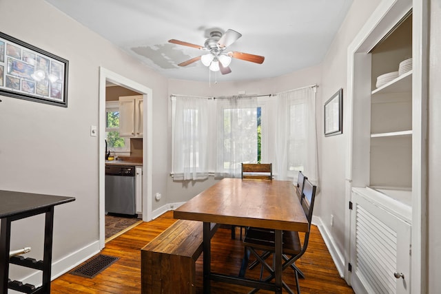 dining space with ceiling fan, dark wood-type flooring, and a healthy amount of sunlight