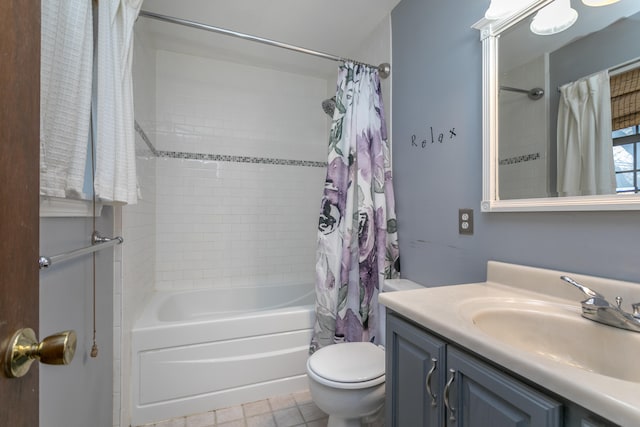 full bathroom featuring toilet, vanity, and shower / bath combination with curtain