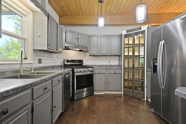 kitchen with beamed ceiling, sink, dark hardwood / wood-style flooring, pendant lighting, and appliances with stainless steel finishes