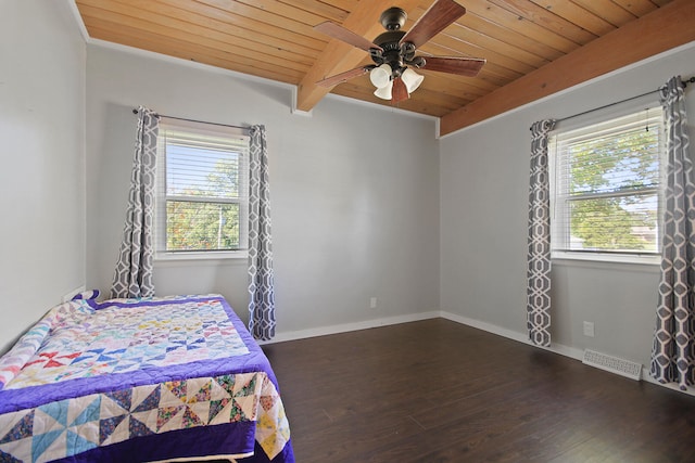 bedroom featuring ceiling fan, wood ceiling, beam ceiling, and dark wood-type flooring