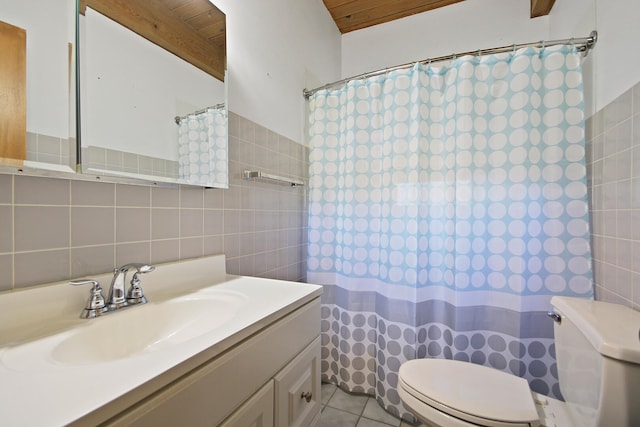 bathroom featuring vanity, wooden ceiling, walk in shower, tile walls, and toilet