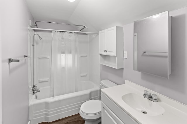 full bathroom with toilet, wood-type flooring, shower / bathtub combination with curtain, vaulted ceiling, and vanity