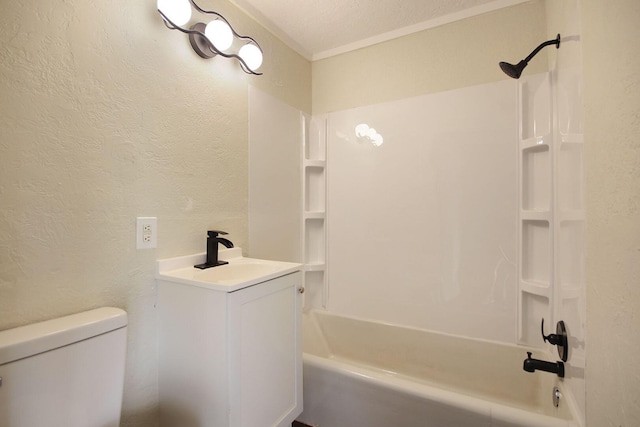 full bathroom with a textured ceiling, shower / bathtub combination, toilet, and vanity