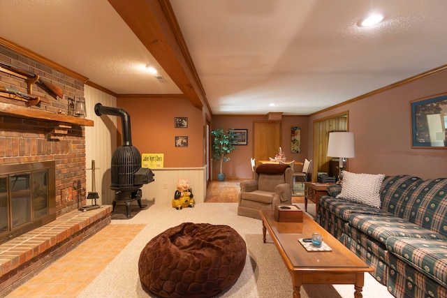 living room featuring carpet floors, crown molding, beam ceiling, wooden walls, and a textured ceiling