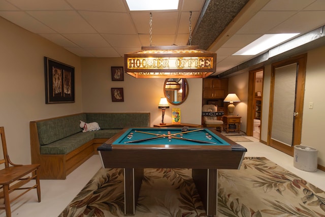 recreation room with a drop ceiling and pool table