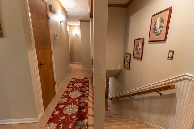 hallway with light carpet and ornamental molding