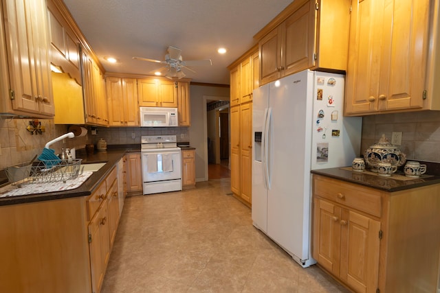 kitchen with ceiling fan, white appliances, sink, decorative backsplash, and light tile patterned floors