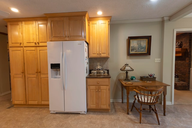 kitchen with light tile patterned floors, a textured ceiling, white fridge with ice dispenser, crown molding, and decorative backsplash