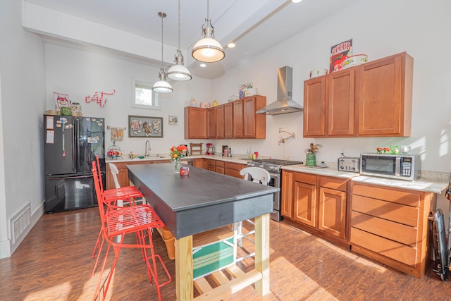 kitchen with wall chimney exhaust hood, sink, dark hardwood / wood-style flooring, hanging light fixtures, and appliances with stainless steel finishes