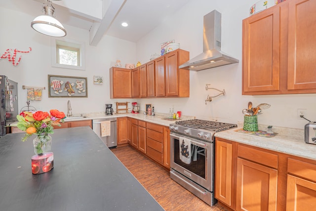 kitchen with sink, beam ceiling, ventilation hood, appliances with stainless steel finishes, and dark hardwood / wood-style flooring