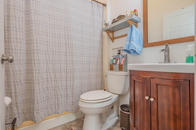 full bathroom with vanity, toilet, shower / bathtub combination with curtain, and tile patterned floors