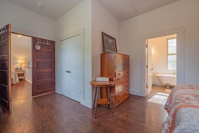 bedroom featuring ensuite bathroom, dark wood-type flooring, and a closet