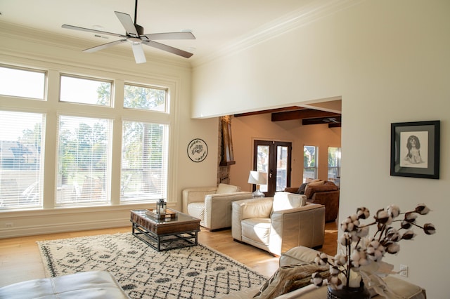 living room featuring light hardwood / wood-style floors, crown molding, and a wealth of natural light