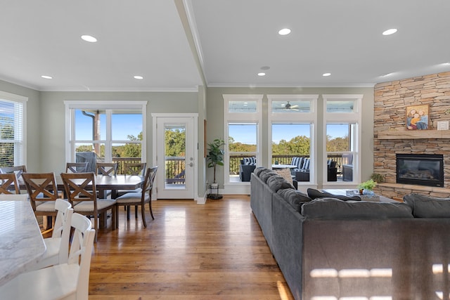 living room with hardwood / wood-style flooring, ornamental molding, and a stone fireplace