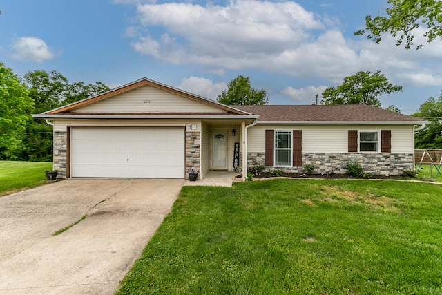 ranch-style house with a front yard and a garage