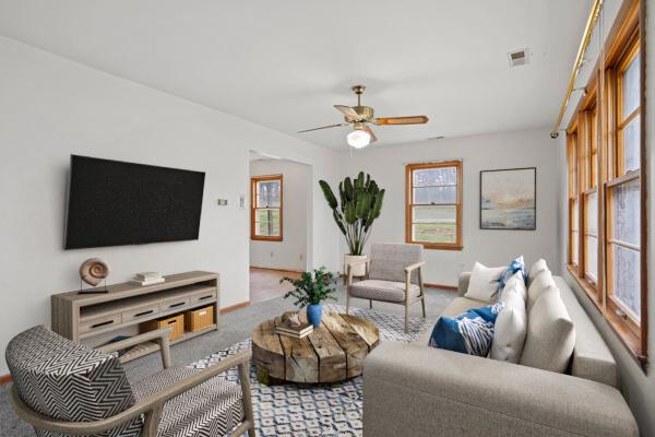 living room featuring carpet floors and ceiling fan