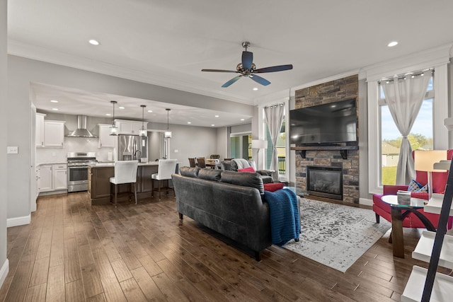 living room with a stone fireplace, ceiling fan, plenty of natural light, and dark hardwood / wood-style flooring