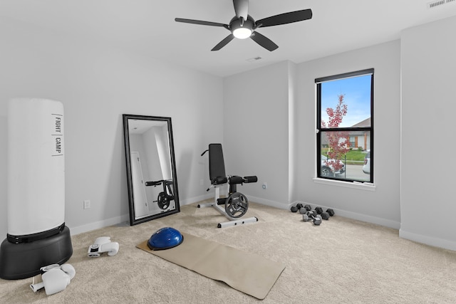 exercise area with baseboards and carpet flooring