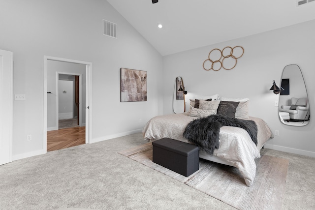 bedroom featuring high vaulted ceiling, carpet, visible vents, and baseboards