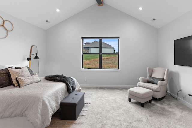 bedroom with lofted ceiling with beams, carpet flooring, visible vents, and baseboards