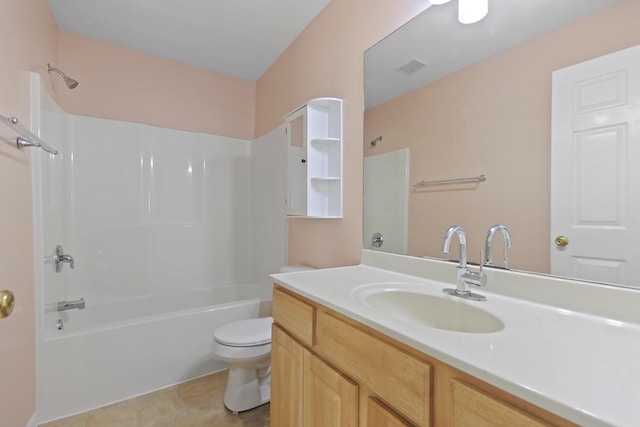 bathroom featuring visible vents, toilet, tile patterned flooring, bathing tub / shower combination, and vanity