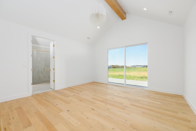 unfurnished room featuring beam ceiling, high vaulted ceiling, a chandelier, and light wood-type flooring