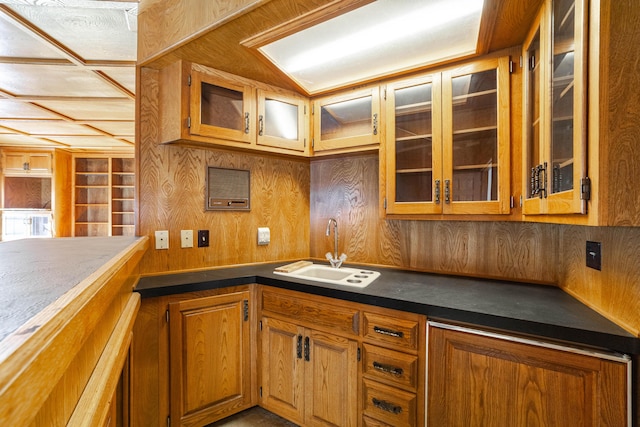 kitchen with sink and wood walls