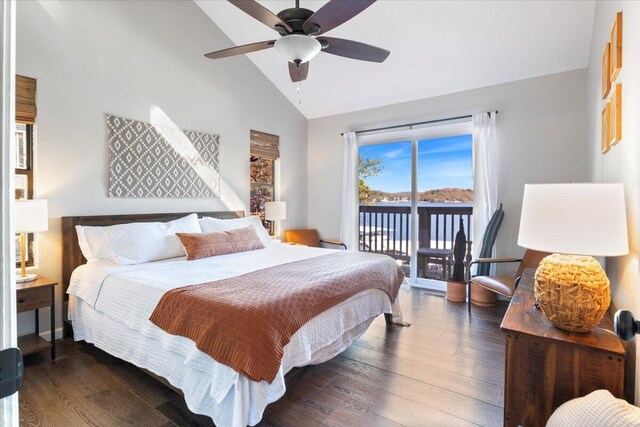 bedroom with vaulted ceiling, access to exterior, ceiling fan, and dark hardwood / wood-style floors