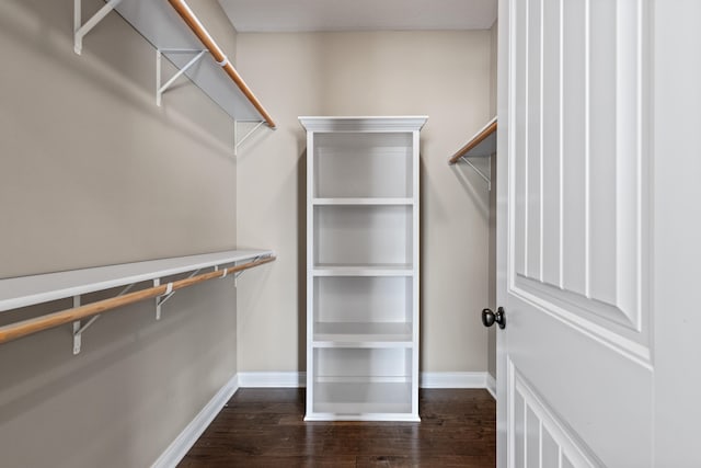 walk in closet with dark hardwood / wood-style flooring