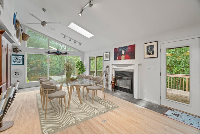 dining space with track lighting, wood-type flooring, plenty of natural light, and ceiling fan