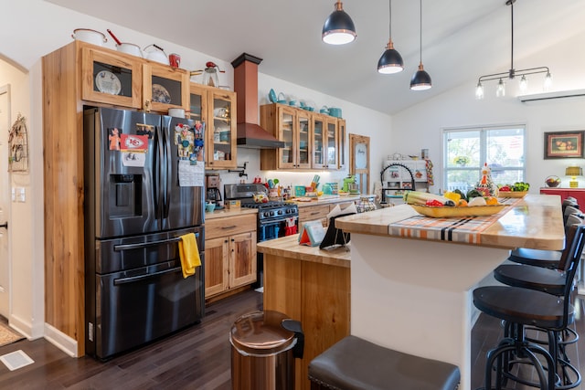 kitchen featuring lofted ceiling, butcher block counters, dark hardwood / wood-style floors, decorative light fixtures, and appliances with stainless steel finishes