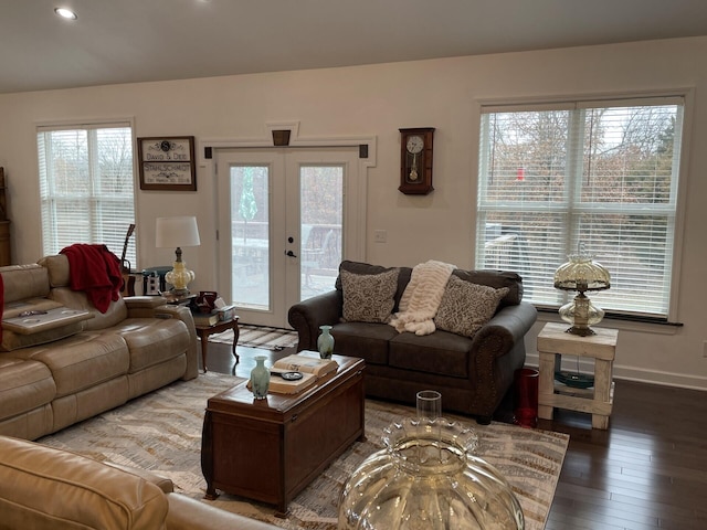 living room with french doors and hardwood / wood-style floors