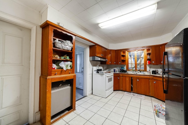 kitchen with ornamental molding, black refrigerator, sink, and electric stove