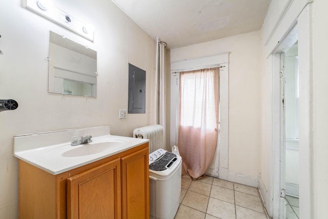 bathroom featuring electric panel, tile patterned flooring, and vanity