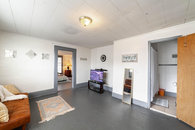 living room with dark wood-type flooring