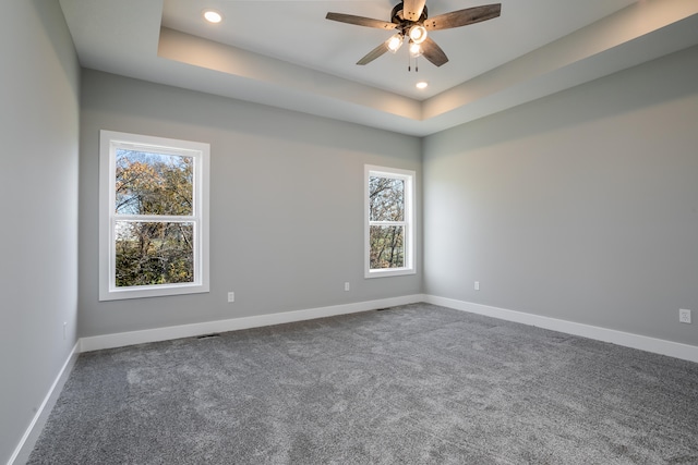 carpeted spare room featuring a raised ceiling, plenty of natural light, and ceiling fan