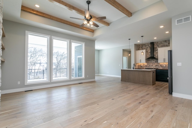 unfurnished living room with ceiling fan, sink, beamed ceiling, and light wood-type flooring