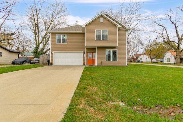 view of property featuring a garage and a front yard