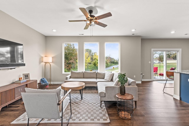 living room featuring ceiling fan and dark hardwood / wood-style flooring