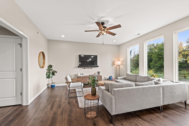 living room with ceiling fan and dark hardwood / wood-style flooring