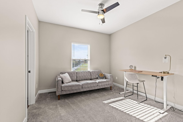 4504 Sassafras Ct, Columbia, MO 65201 - carpeted living area with a ceiling fan, baseboards, and a desk