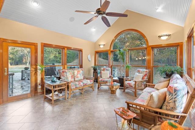 tiled living room featuring wood ceiling, high vaulted ceiling, and ceiling fan