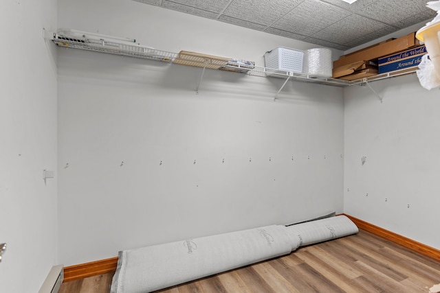 walk in closet featuring a paneled ceiling, a baseboard radiator, and hardwood / wood-style floors