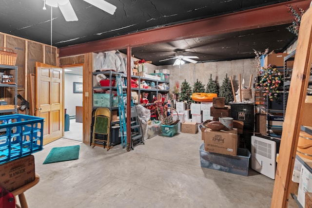 storage area featuring ceiling fan