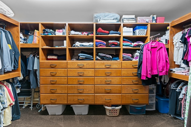 walk in closet with dark carpet