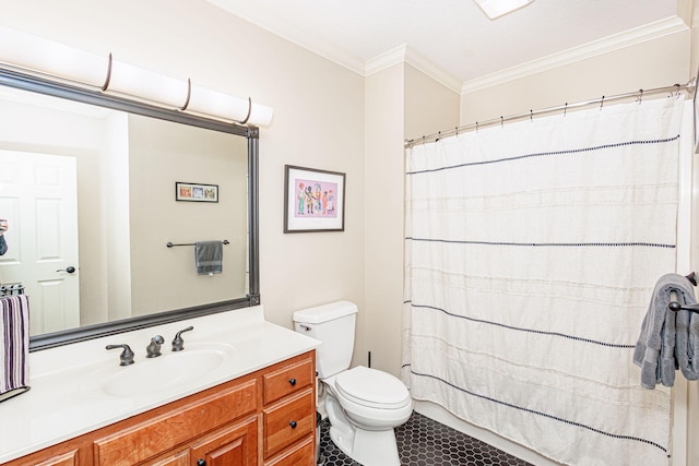 bathroom featuring tile patterned flooring, toilet, vanity, and ornamental molding