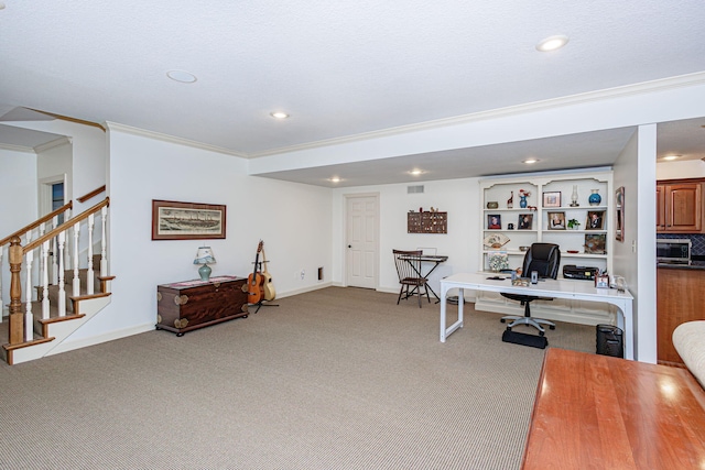 office with crown molding and carpet floors