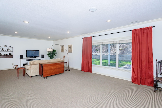 carpeted living room featuring crown molding