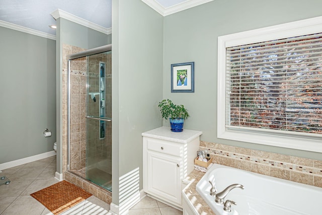 bathroom with tile patterned floors, toilet, shower with separate bathtub, and ornamental molding