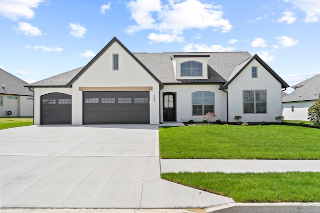 6504 Walsby Dr, Columbia, MO 65201 - view of front of house featuring concrete driveway, a garage, a shingled roof, a front yard, and stucco siding